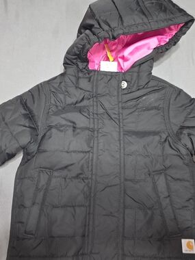 Carhartt Kids Black Puffer Jacket with Bright Pink Hood Lining